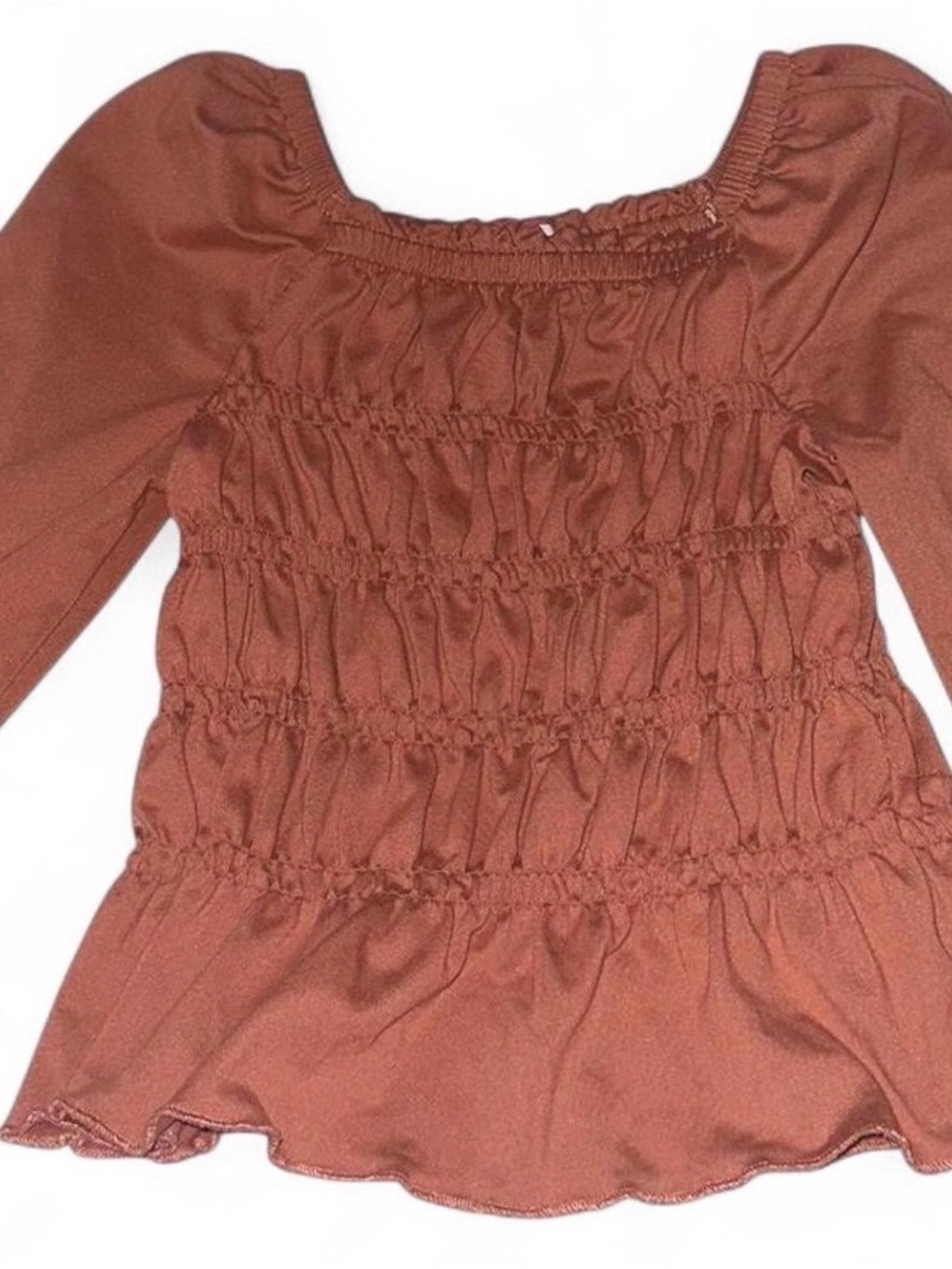 btween Rust Brown Long Sleeve Ruched Peplum Top
